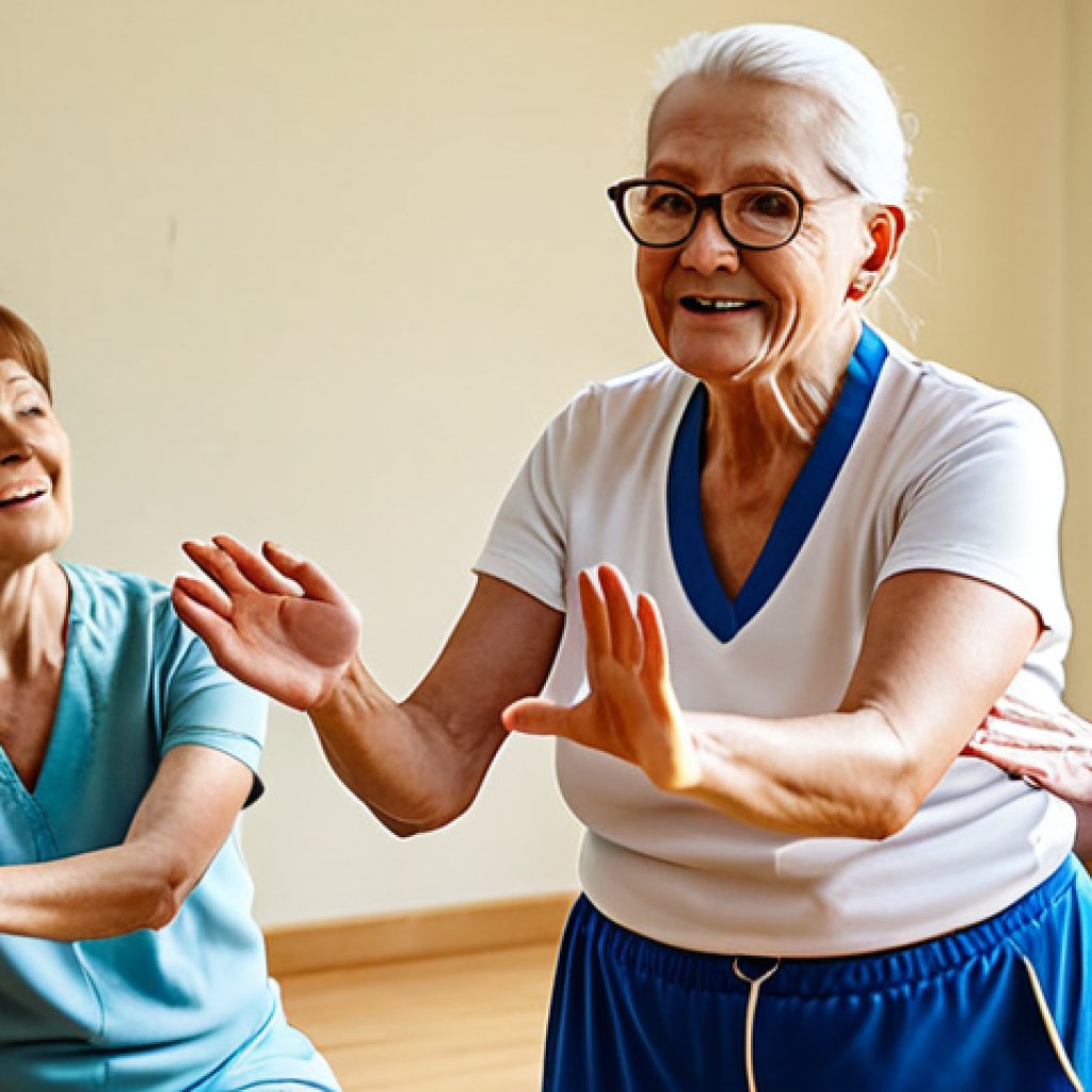 **

A confident LFK instructor leading a group of elderly people in a therapeutic exercise class in a well-lit rehabilitation center. The scene should convey a sense of care, encouragement, and professional competence. The instructor should be demonstrating an exercise, and the patients should be following along with varying degrees of success. Focus on realistic depiction and positive vibes.

**