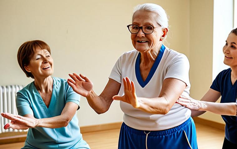 **

A confident LFK instructor leading a group of elderly people in a therapeutic exercise class in a well-lit rehabilitation center. The scene should convey a sense of care, encouragement, and professional competence. The instructor should be demonstrating an exercise, and the patients should be following along with varying degrees of success. Focus on realistic depiction and positive vibes.

**