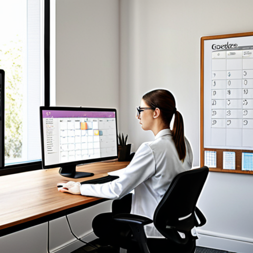 **

A well-organized and comfortable workspace with a physical therapist working at a computer. Focus on natural light, ergonomic setup, minimal distractions, and a sense of calm efficiency. Show a Google Calendar or Trello-like interface on the screen.

**