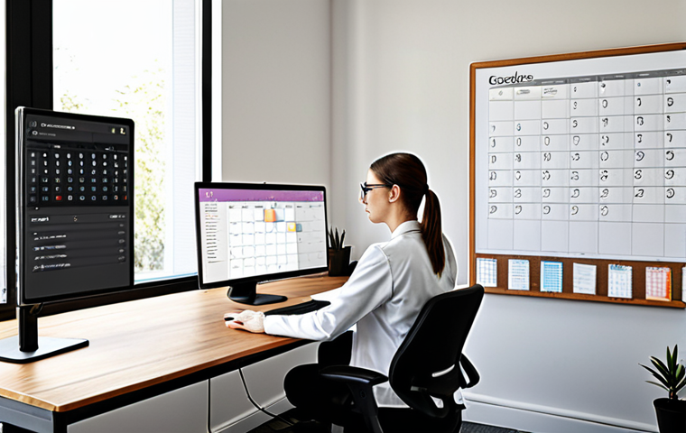**

A well-organized and comfortable workspace with a physical therapist working at a computer. Focus on natural light, ergonomic setup, minimal distractions, and a sense of calm efficiency. Show a Google Calendar or Trello-like interface on the screen.

**