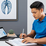 A professional male instructor-in-training, fully clothed in a modest polo shirt and comfortable athletic pants, sitting at a modern desk in a well-lit, minimalist home office. He is deeply focused on a tablet displaying detailed 3D anatomical models, with an open textbook and a laptop nearby, emphasizing logical understanding and tech-assisted learning. The scene showcases quiet concentration and intellectual engagement. Safe for work, appropriate content, fully clothed, professional dress, perfect anatomy, correct proportions, natural pose, well-formed hands, proper finger count, natural body proportions, high quality photography.