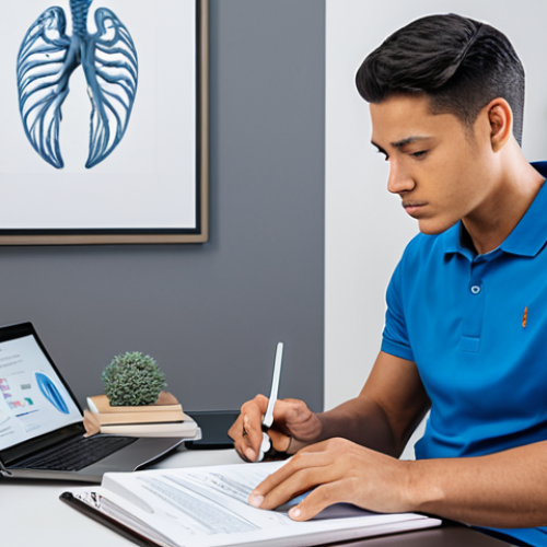 A professional male instructor-in-training, fully clothed in a modest polo shirt and comfortable athletic pants, sitting at a modern desk in a well-lit, minimalist home office. He is deeply focused on a tablet displaying detailed 3D anatomical models, with an open textbook and a laptop nearby, emphasizing logical understanding and tech-assisted learning. The scene showcases quiet concentration and intellectual engagement. Safe for work, appropriate content, fully clothed, professional dress, perfect anatomy, correct proportions, natural pose, well-formed hands, proper finger count, natural body proportions, high quality photography.