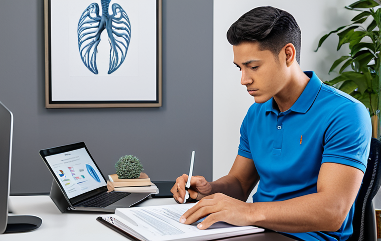 A professional male instructor-in-training, fully clothed in a modest polo shirt and comfortable athletic pants, sitting at a modern desk in a well-lit, minimalist home office. He is deeply focused on a tablet displaying detailed 3D anatomical models, with an open textbook and a laptop nearby, emphasizing logical understanding and tech-assisted learning. The scene showcases quiet concentration and intellectual engagement. Safe for work, appropriate content, fully clothed, professional dress, perfect anatomy, correct proportions, natural pose, well-formed hands, proper finger count, natural body proportions, high quality photography.