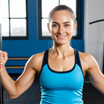 A professional female leisure sports instructor, mid-shot, demonstrating an exercise with correct form in a clean, brightly lit modern fitness studio. She is wearing modest, professional athletic wear, fully clothed, appropriate attire. Her posture is confident, and her expression is encouraging and empathetic, showcasing strong communication skills. The focus is on her expert guidance and motivational presence. Safe for work, appropriate content, perfect anatomy, natural proportions, well-formed hands, proper finger count, natural body proportions, professional photography, high quality, family-friendly.