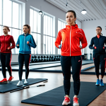 ** A professional female fitness instructor, fully clothed in athletic apparel (track suit and sneakers), leading a group exercise class in a modern, brightly lit gym in Moscow. Appropriate content, safe for work, perfect anatomy, natural proportions, professional photography, family-friendly.

**