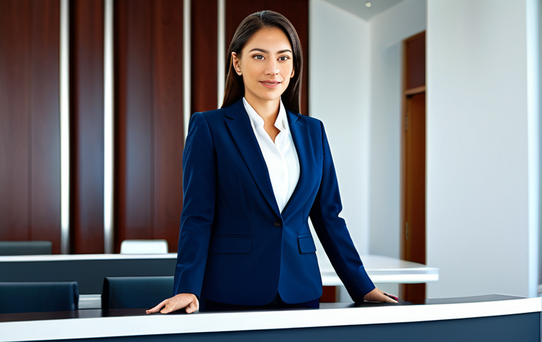 레저스포츠지도자 필기시험 난이도 리뷰 - Business Professional**
A professional businesswoman in a modest, dark blue business suit, standing...