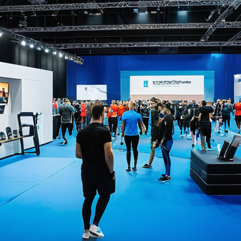 레저스포츠지도자 관련 학회 및 네트워킹 기회 - **Vibrant Russian Fitness Forum:** A bustling, modern fitness forum taking place in a bright, spacio...