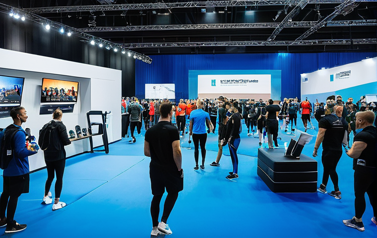 레저스포츠지도자 관련 학회 및 네트워킹 기회 - **Vibrant Russian Fitness Forum:** A bustling, modern fitness forum taking place in a bright, spacio...