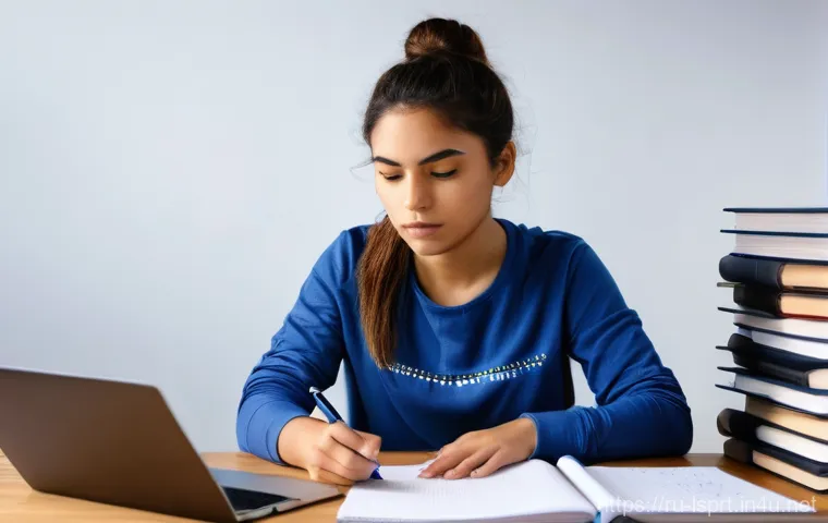 레저스포츠지도자 필기시험 문제 유형 분석 - **Prompt:** A young female student, appearing to be in her mid-20s, intensely focused on studying fo...