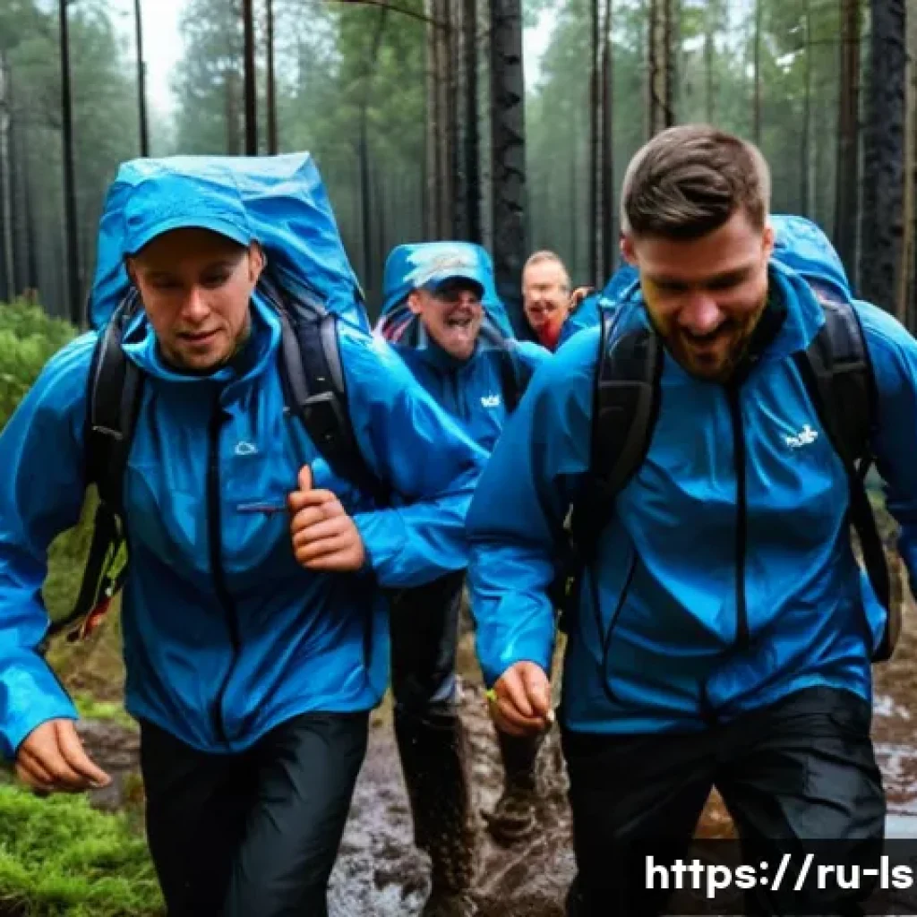 레저스포츠지도자 실무에서 자주 발생하는 상황별 대처법 - A group of outdoor instructors and participants swiftly moving to a safe shelter during a sudden thu...