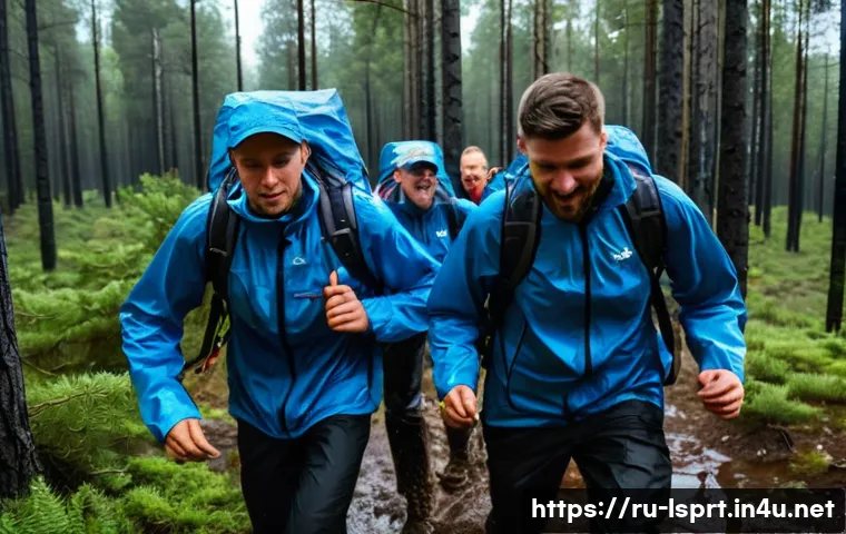 레저스포츠지도자 실무에서 자주 발생하는 상황별 대처법 - A group of outdoor instructors and participants swiftly moving to a safe shelter during a sudden thu...