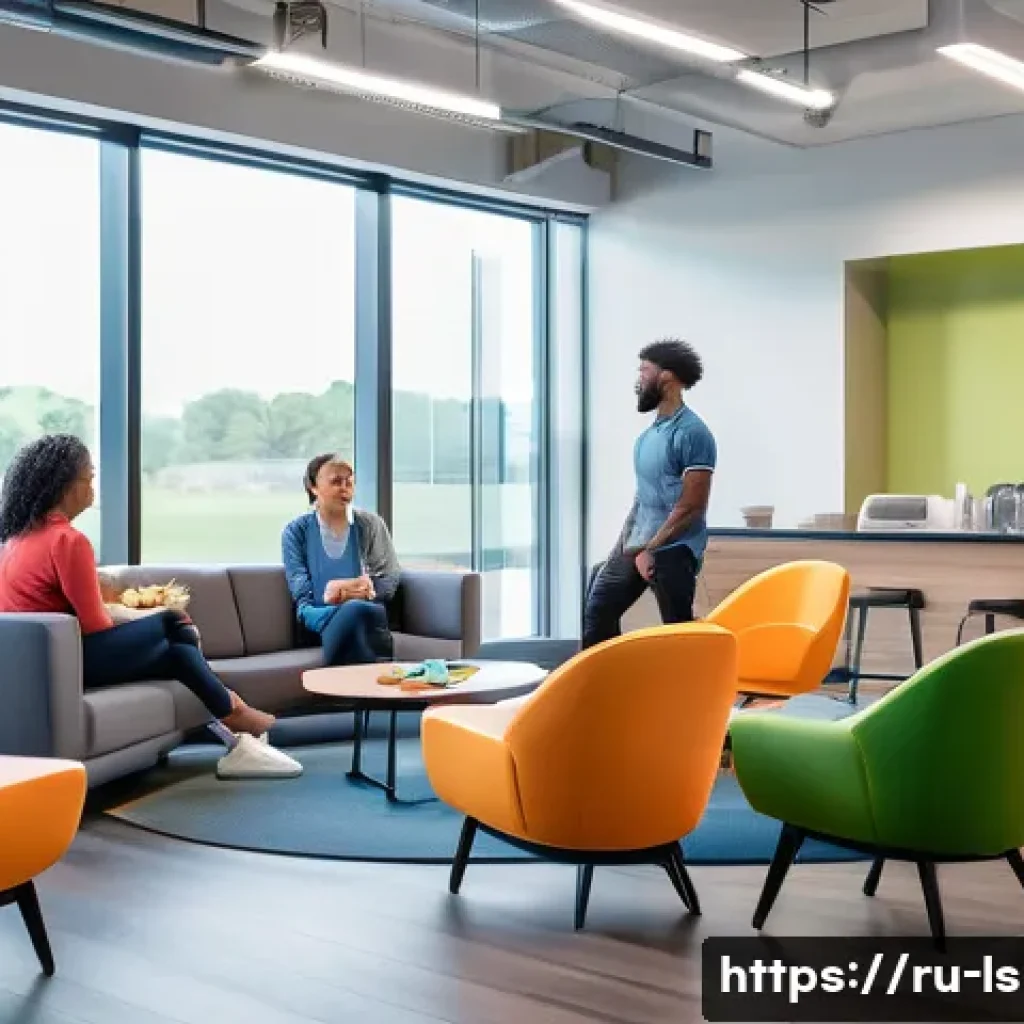 레저스포츠지도자 직무 만족도를 높이는 방법 - A modern leisure sports facility staff break room featuring ergonomic furniture, cozy lounge areas w...