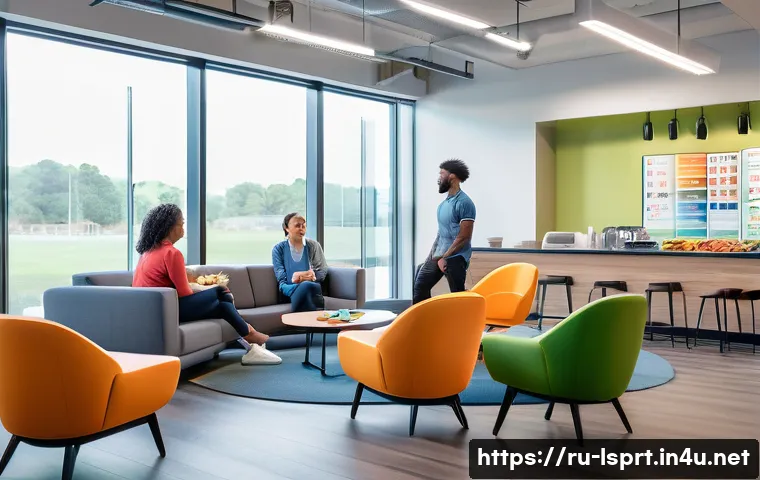 레저스포츠지도자 직무 만족도를 높이는 방법 - A modern leisure sports facility staff break room featuring ergonomic furniture, cozy lounge areas w...