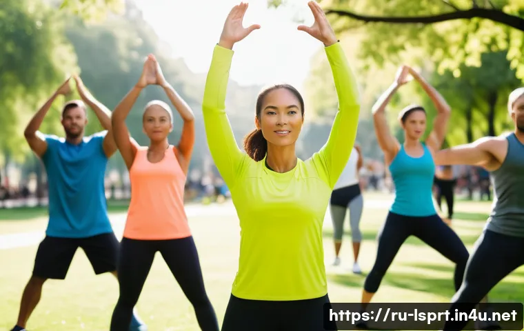 레저스포츠지도자 채용면접 준비 팁 - A professional sports instructor leading an outdoor group fitness class in a lush urban park during ...