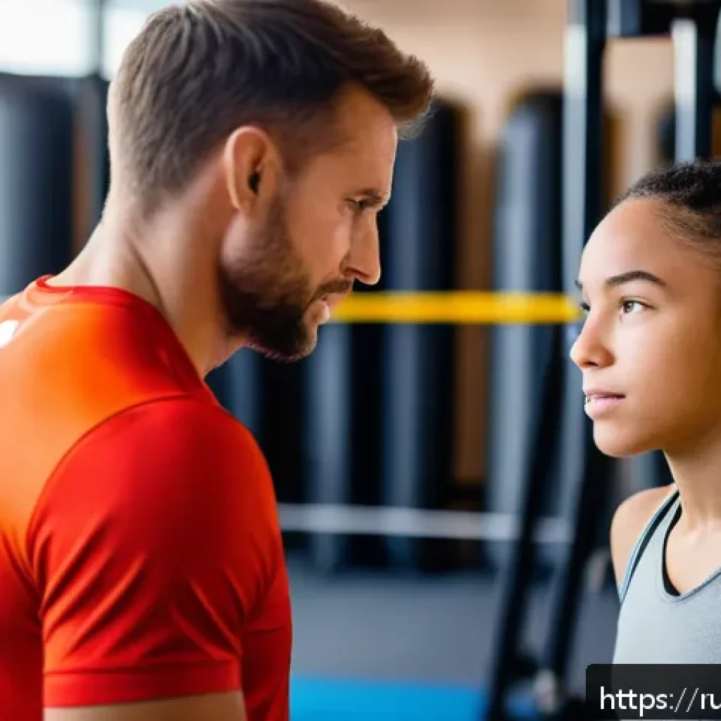 레저스포츠지도자와 윤리적 문제 해결 사례 - A professional sports coach in a modern gym environment, engaging in a respectful and supportive con...