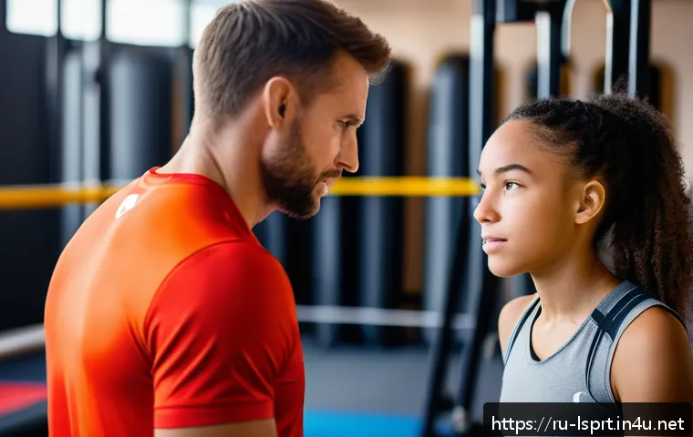 레저스포츠지도자와 윤리적 문제 해결 사례 - A professional sports coach in a modern gym environment, engaging in a respectful and supportive con...
