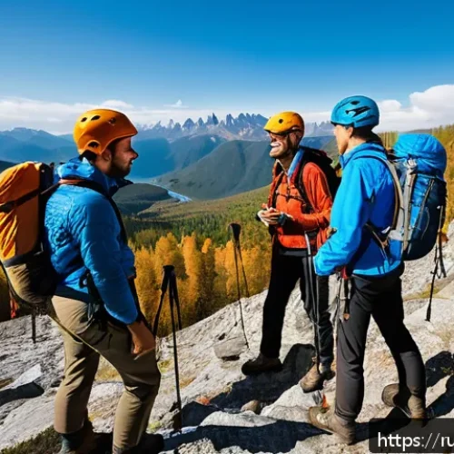 Home 31 레저스포츠지도자 관련 현장 실습 경험담 - A group of diverse adult leisure sports instructors leading a mountain hiking and climbing expeditio...