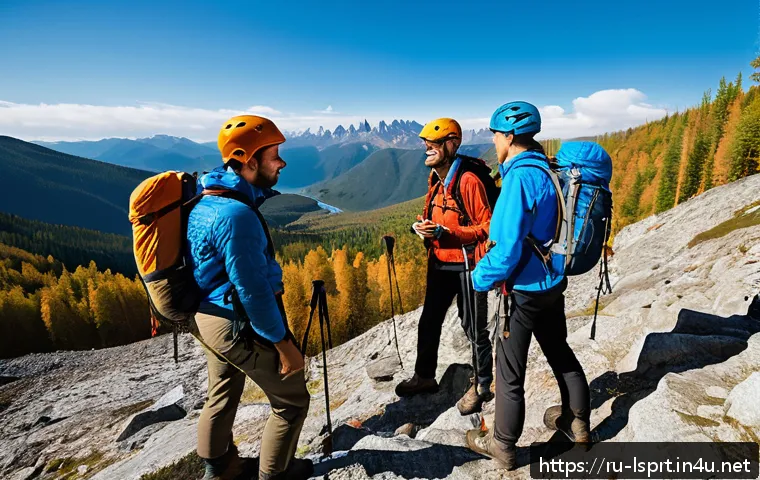 레저스포츠지도자 관련 현장 실습 경험담 - A group of diverse adult leisure sports instructors leading a mountain hiking and climbing expeditio...