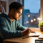 Home 18 레저스포츠지도자 필기시험에서 자주 묻는 질문 - A focused young adult student studying sports tourism exam preparation at a cozy desk in a softly li...