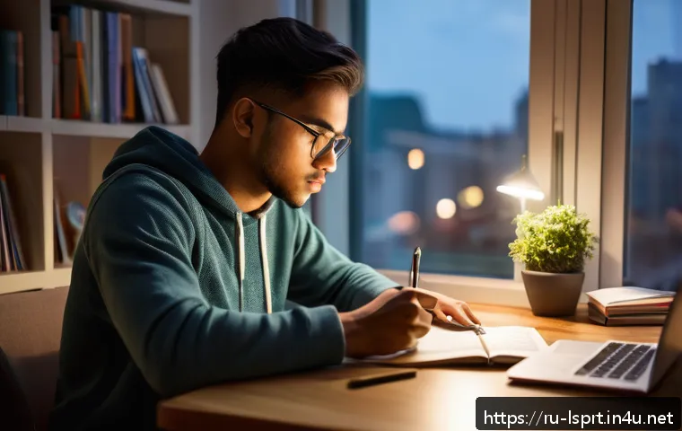 레저스포츠지도자 필기시험에서 자주 묻는 질문 - A focused young adult student studying sports tourism exam preparation at a cozy desk in a softly li...