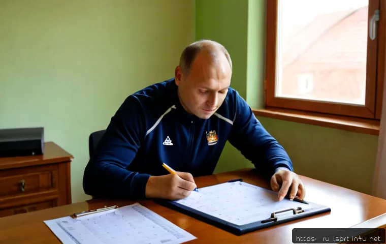 레저스포츠지도자 필기시험 결과 분석 및 피드백 활용법 - Photorealistic Russian adult leisure-sports coaching candidate at a tidy home desk, thoughtfully rev...