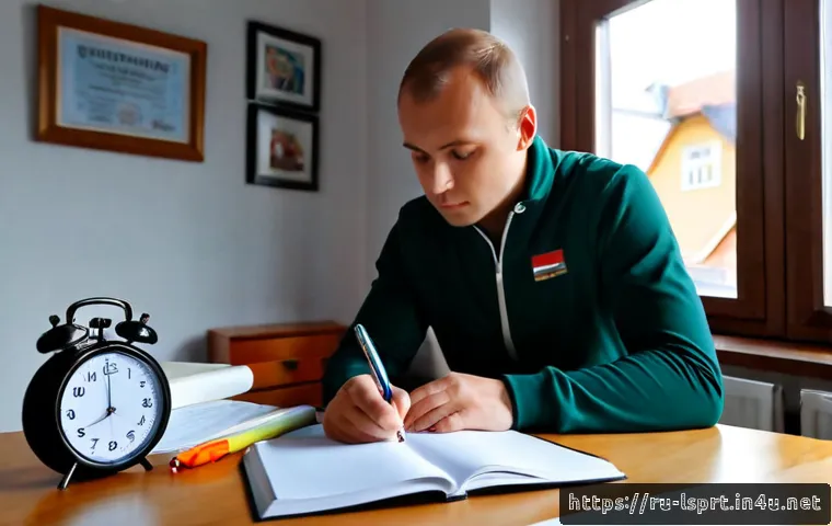 Home 15 레저스포츠지도자 자격증 필기 공부법 - Photorealistic Russian adult aspiring sports instructor studying for a written certification exam at...