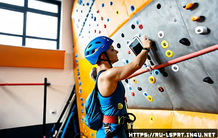 Home 26 레저스포츠지도자와 업무 관련 기술 활용 노하우 - Photorealistic Russian leisure sports instructor at a modern indoor climbing gym, using a tablet wit...