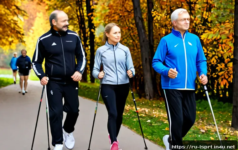 Home 17 레저스포츠지도자 자격증 취득 후 자기계발 사례 - Photorealistic Russian leisure sports instructor leading an outdoor Nordic walking practice in a qui...